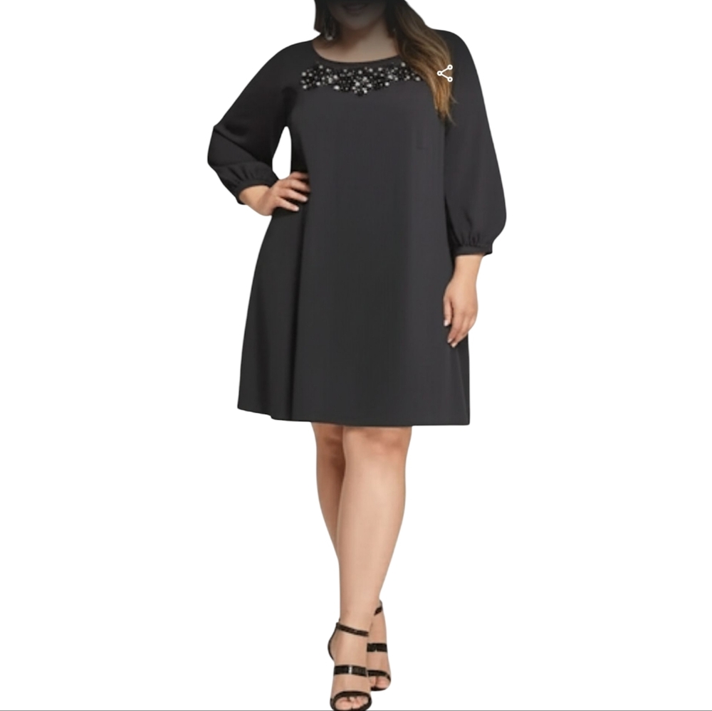 Talbots Black Beaded Lined Raglan Sleeve Back Zip Dress Size 18 EUC